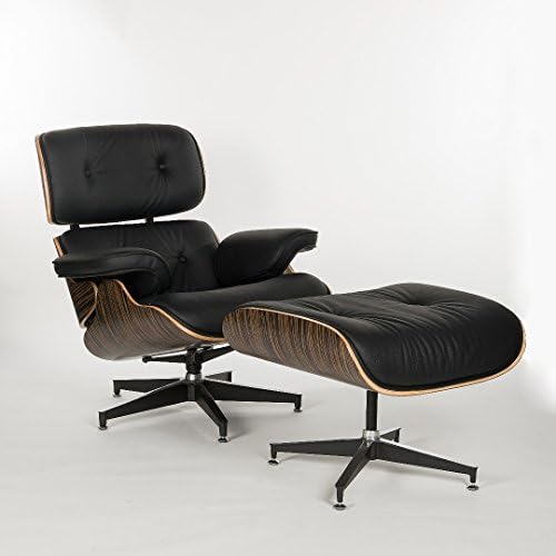 Simple Modern Fashion Style Living Room Genuine Leather Wood Lounge Chair and Ottoman (Ebony Wood Black)