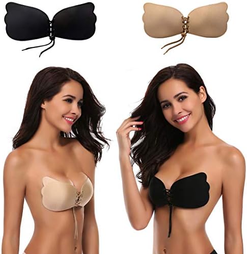 Strapless Sticky Invisible Bra Reusable Self Adhesive Backless Silicone Bras Women Butterfly Drawstring Push up Bra Size D 2 Pack (Black&Beige)