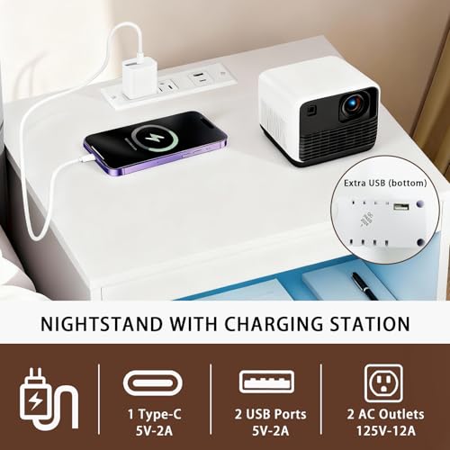 ansefe Night Stand with Charging Station and Ambient Light, LED Nightstand with USB-C Ports and Outlets, Morden Bedside Table with 2 Drawers and Open Compartment, End Table for Bedroom, White