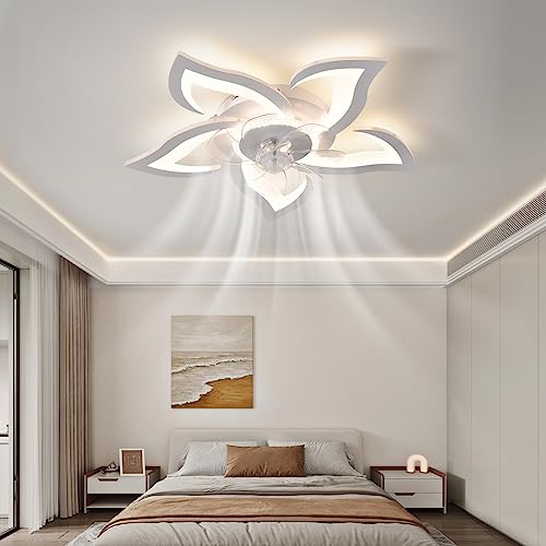 ZHMDJDSH 26" Geometric Ceiling Fan with Lights, 6 Speeds 3 Colors Ceiling Fan with Light Remote Control, White Low Profile Flush Mount Ceiling Fan for Kitchen Bedroom Living Room