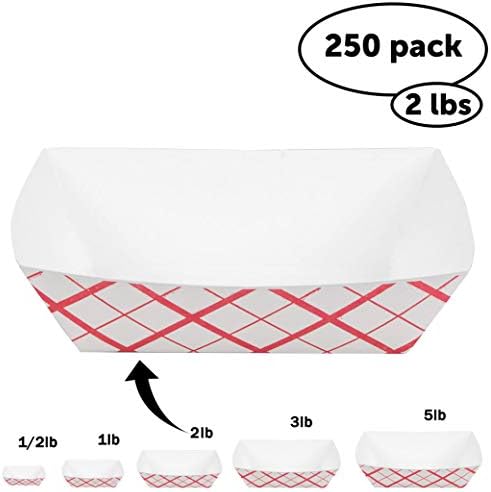Disposable Paper Food Tray 2Lb Heavy Duty, Grease Resistant 250 Pack. Durable, Coated Paper Food Basket for Fairs, Concession Stands & Food Trucks. Holds Treats Like Hot Dogs, Fries, Nachos and Tacos!