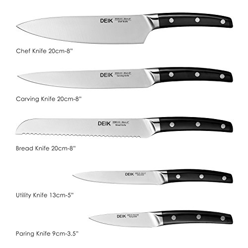 Deik Knife Set, Kitchen Knife Set, Stainless Steel Knife Block Set, 6 Pieces Chef Knife Set with Damp-Proof Wooden Block, Black