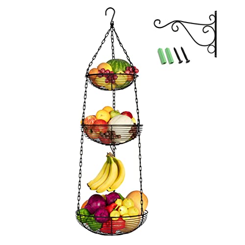 HULISEN 3 Tier Hanging Fruit Basket with Banana Hook, Heavy Duty Wire
