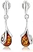 Sterling Silver Amber Stud Earrings and Chain Pendant Necklace Jewelry Set, 18