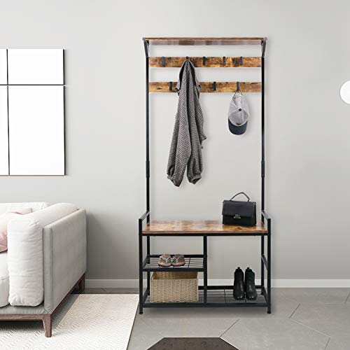 HOMEKOKO-Coat-Rack-Shoe-Bench-Hall-Tree-Entryway-Storage-Bench-Wood-Look-Accent-Furniture-with-Metal-Frame-3-in-1-Design-Rustic-Brown