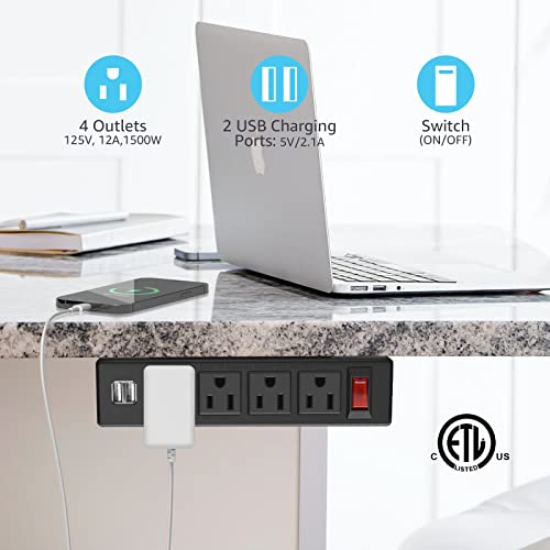 HHSOET Under Desk Power Strip with 4 Outlets and USB Ports, Under