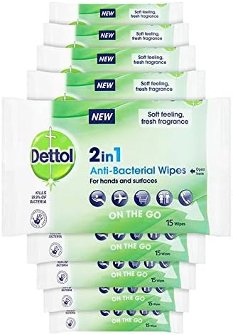 Dettol Antibacterial Hand Wipes, Fresh Scented, 135 Wipes (15 x 9pck) Antiseptic, Disinfectant, Travel Hygiene