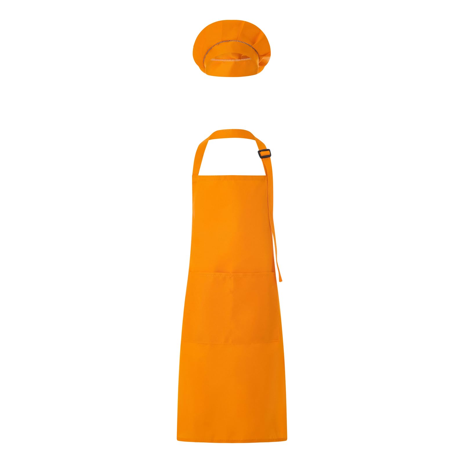 Carolilly Kids Apron and Hat Set, Adjustable Children Kitchen Chef Apron with Pockets + Elastic Band Cooking Cap (3-13 Years) (Orange, 7-13 Years)