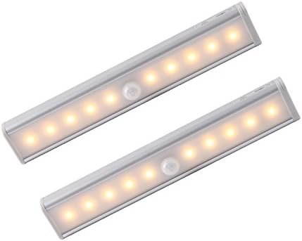 Komaes 2 Pack 10-LED Wardrobe/Stairs/Step Light Bar wireless Motion Sensor DIY Stick-on Anywhere Portable Closet Lights, Cabinet Light with Magnetic Strip Warm White(Battery Operated)
