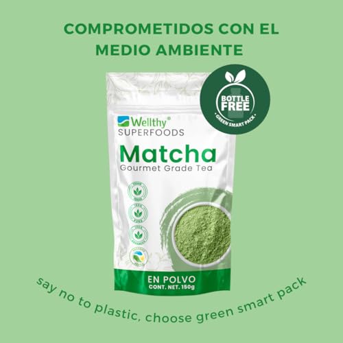 Wellthy Superfoods Té Matcha en Polvo 150g. 75 Porciones Por Envase, Certificado Orgánico, 100& Natural, Excelente para Bebidas Frías o Calientes. Bottle Free.
