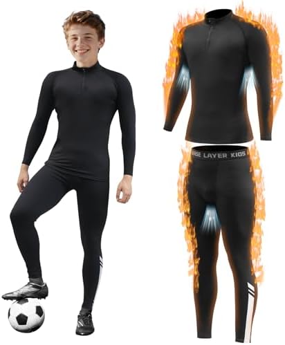 Giyim Kids Thermal Base Layer Set -Style Boys Football Skins & Tights Football Compression Set, Double - Layer Breathable for Sport, Football, Basketball & Ski (Black&S)