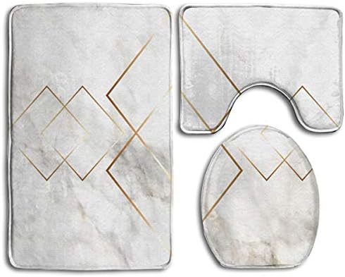 Fallake Bath Mat,3 Piece Bathroom Rug Set,Gold Marble Non Slip Toilet Seat Cover Set,Large Contour Mat,Lid Cover for Men/Women