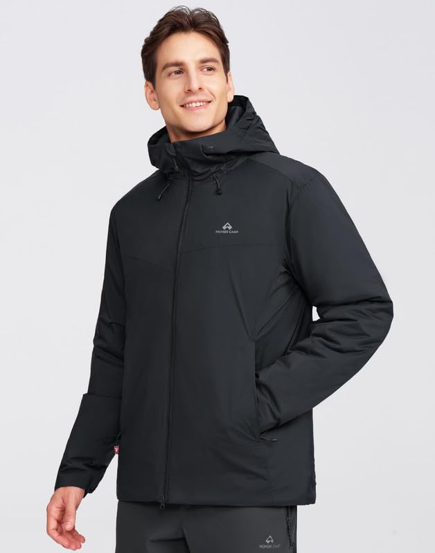 Leichte Winterjacke Herren mit Kapuze Warme Atmungsaktiv Outdoorjacke Wasserdicht Winddichte Puffer Isolationsjacke 2-Wege-Reißverschluss und Taschen Ideal für Outdoor-Aktivitäten und Alltag（Black;L) 3