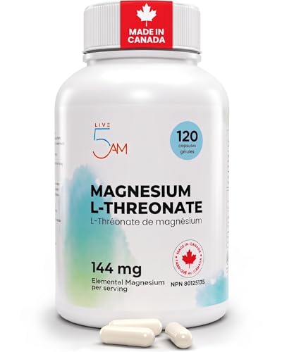 Live 5AM Magnesium L-Threonate 144mg Elemental per Serving, 120 Capsules | Made in Canada. chelated form. Helps maintain proper muscle function, including the heart muscle, 48 mg per serving,