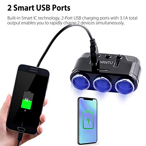 Sunjoyco 3-Socket Cigarette Lighter Adapter, 100W 12V/24V Power DC Outlet Splitter with 3.1A Dual USB Car Charger and On/Off Switch + Voltage Display for iPhone iPad Samsung GPS Dashcam - Thumbnail 2