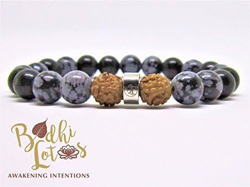 Genuine Snowflake Obsidian Bracelet Root Chakra Bracelet Snowflake Obsidian Detox Bracelet Snowflake Obsidian Yoga Meditation Bracelet and Rudraksha Seed or Bodhi Tree Seed