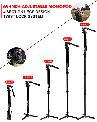 KINGJOY Professional Video Monopod Kit 69" Carbon Fiber Telescopic Camera Monopods with Pan Tilt Fluid Head and 3-Leg Tripod Base for DSLR Cameras Camcorders, MP3208+KH-6750
