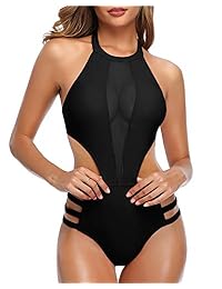 Tiéntame traje de baño de una pieza de malla con cuello alto y corte halter para dama