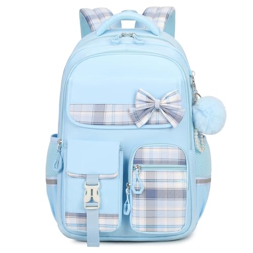 Tanou Girls' Primary School Backpack | Waterproof Daypack for Teens, Kawaii Checked School Bag for Girls 9-16 Years Old for Travel, Blue