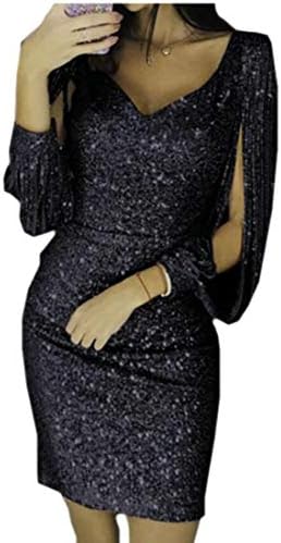GenericWomen V Neck Tassels Detail Slit Sleeve Sequin Party Dress