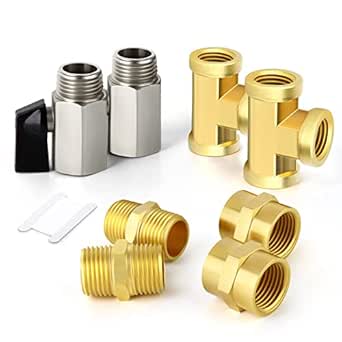 GASHER 8PCS 1/2 Inch NPT Brass Pipe Fitting, Female and Male Thread Mini Ball Valve, Barstock Tee Brass Pipe Fitting and Air Hose Fitings