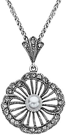 Van Kempen Art Nouveau Simulated Pearl and Swarovski Crystals Flower Pendant Necklace in Sterling Silver