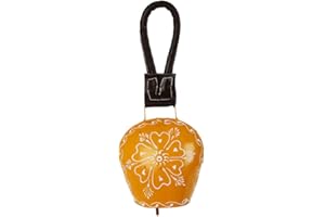 Vivanta 5 Inch Cow Bells Noise Makers, Decorative Bell for Wall Hanging, Antique Cow Decor Bells Leather Strap, Vintage Handmade Lucky Giant Harmony Bells, Hand Painted Bell (Yellow)
