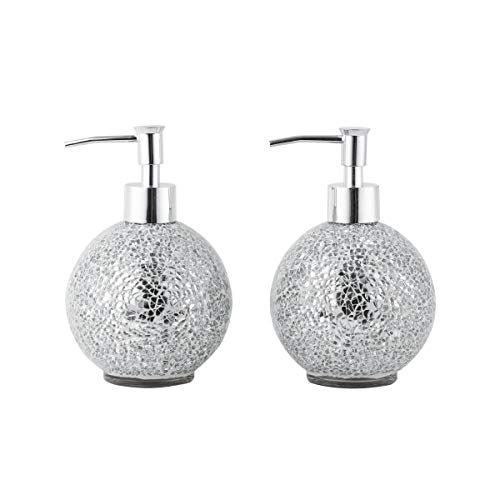 WH Housewares Set of 2 Soap Dispenser-Lotion Bottle-Mosaic Glass Chrome Plated Plastic Pump-14 Ounce (Mirror)