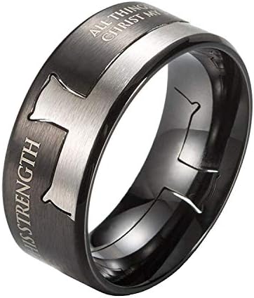 XBOMEN Jewelry Men's Stainless Steel Philippians 4:13 Bible Verse Cross Prayer Ring Black