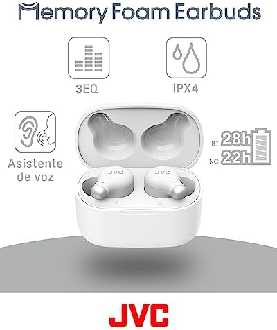 Jvc ha-z250t - fones de ouvido sem fio com bluetooth 5.3, 28 horas de bateria, certificação ipx4, peso de apenas 5,1g, cancelamento de ruído, 3 pares de silicone e 2 almofadas de espuma, branco