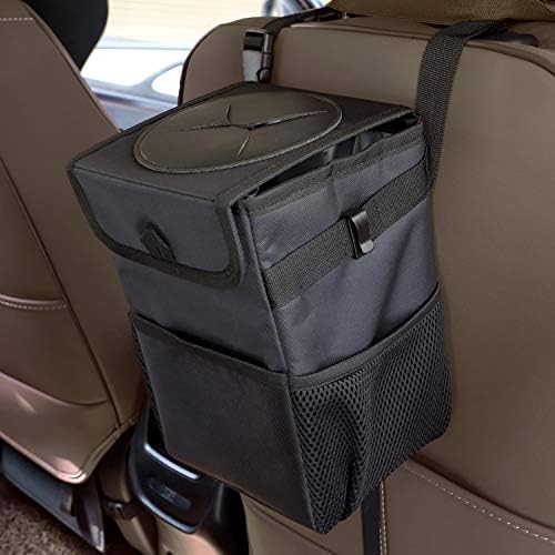 YOURSEE Car Trash Can with Lid and Storage Pockets, Collapsible Car Garbage Can with Adjustable Strap Fits to Headrest,Leak-Proof Vinyl Inside Lining (Black)