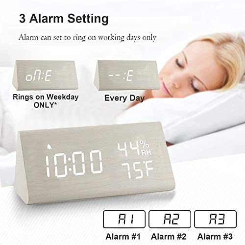 JALL 【Upgraded】 Digital Wooden Alarm Clock, with 3 Alarm Settings, Electronic LED Time Display