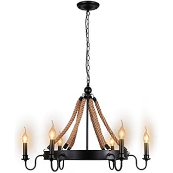 Unitary Brand Antique Metal Flaxen and Black Hemp Rope Wheel Candle Chandelier with 6 E12 Bulb Sockets 240W Painted Finish
