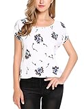 Qearal Women's Chiffon Print Short Cuffed Sleeve T Shirt Blouses Tops