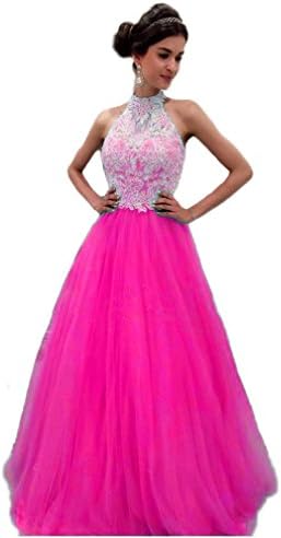 Liaoye Women's Halter Lace Prom Dresses Tulle Long Evening Gowns Formal Fuchsia 20