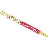 Graphique Pretty Floral Fashion Pen, 5.5" Refillable Black Ink Ballpoint Pink w/ "Think Happy" Quote & Matching Gift Box, Makes a Beautiful, Unique Gift
