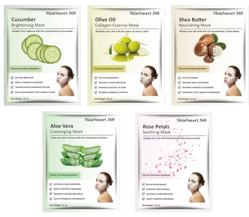 SKINSMART 360™ MOISTURIZING FACIAL MASK SHEETS FOR MEN & WOMEN, HYDRATE DRY SKIN ON-THE-GO, NATURAL, PLANT-BASED INGREDIENTS, SUITABLE FOR ALL SKIN TYPES, TRAVEL-FRIENDLY (VARIETY PACK OF 10 SHEETS)