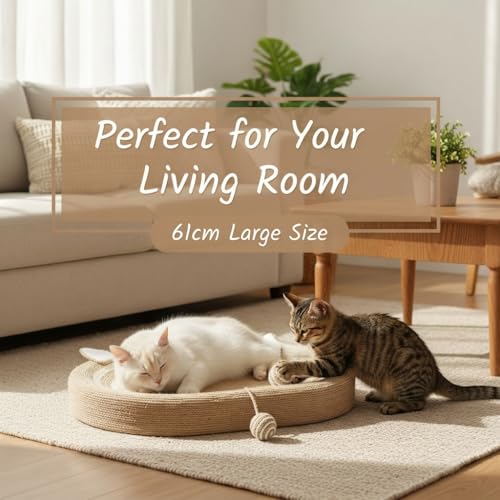 Beauenty Oval Cat Scratch Pad, Cat Scratcher Cardboard, Multifunctional Bed and Furniture Protector, Durable Sisal Material, with Ball Toy and Spacious Design for Fun and Rest
