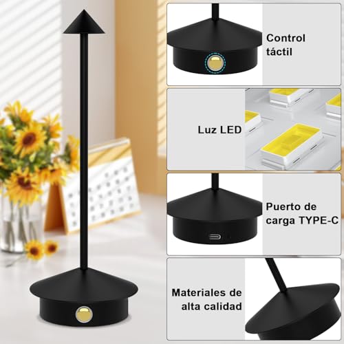 Sunsign Lámparas de Mesa Inalámbricas, Pequeña Lámpara de Escritorio Portátil,3 Temperaturas de Color y Regulable, Lámparas de Mesa para Dormitorio, para Sala de Estar, Restaurante (Negro)