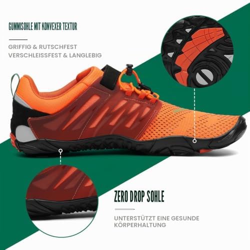 Barfußschuhe Herren Barfussschuhe Damen Barfuss Schuhe Zehenschuhe Outdoor Fitnessschuhe rutschfest Traillaufschuhe Barefoot Shoes mit Zero-Drop Solhe Dunkelorange, Gr.44 EU