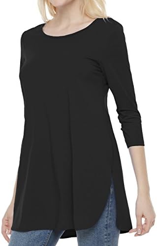 Dafunna 3/4 Long Sleeve Tunics Casual T Shirts Basic Tees Tops Blouse with Side Slit for Women(Black,S)