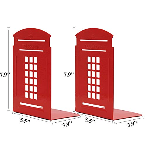 VONDERSO Bookends Telephone Booth Heavy Metal Non-Slip Durable Gift for Bookshelf Decor Home Office School Library (Red-2pairs)