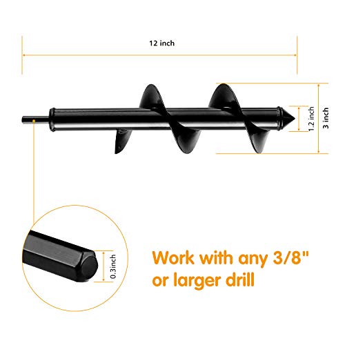 Oak Leaf Auger Drill Bit, 3" x 12" Garden Auger Bit Flower Planting Bulb Auger, Post or Umbrella Hole Digger For 3/8" Hex Drive Drill, Bonus Cut Resistant Gloves (Large Size)
