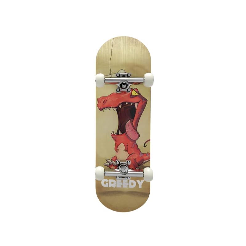 Professional Finger Skateboard, Beige Design with GREEDY Graphic, Maple Panel with Bearing Wheels, Non-Slip Mat (GREEDY)