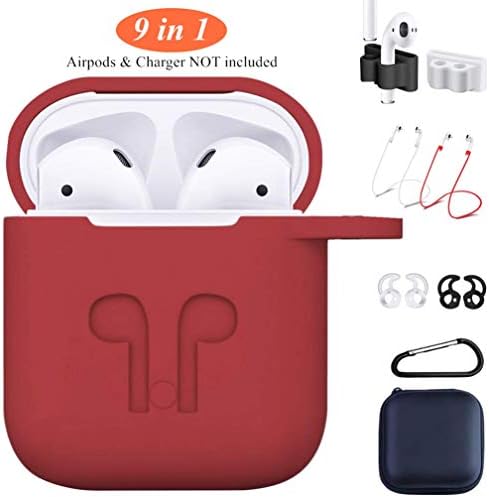 AirPods Case Compatible Apple AirPods 2&1 ,9 in 1 AirPods Accessories Set Protective Cover and Silicone Skin with Earpods Keychain/Strap/Ear Hook/Carrying Box-Red