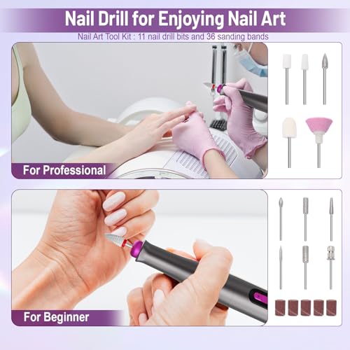 SnnyNyx Cordless Electric Nail Drill 35000 RPM, Professional Portable Nail File for Acrylic Nails & Gel Polish Removal, Low Vibration & Heat E-file with 11 Drill Bits, Salon-Quality Manicure Pedicure Kit (Matte Gray)