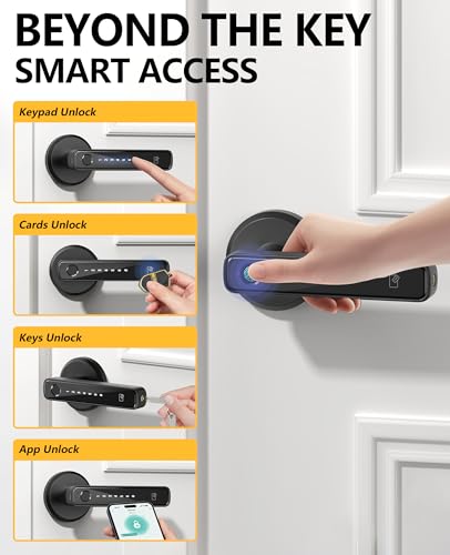 Amerdeco Smart Fingerprint Door Lock, Biometric Keyless Entry Door Lock with APP - Cards - Backup Key - Fingerprints - Codes for Bedroom Hotel Office Apartment and More(Black)