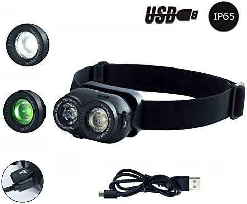 YOUKOYI LED HeadLamp with White and Green LED lights, 5 Lighting Modes, USB Rechargeable, Headband Adjustable, Waterproof Fishing Lights for Hiking, Camping, Reading, Fishing, Hunting, Outdoor Sports
