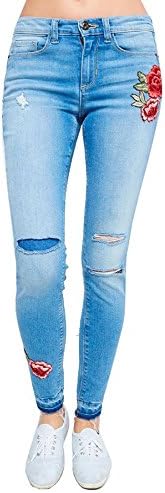 Sneak peak Women Junior Medium Light Flower Embroidery Patched Distressed Mid-Rise Skinny Jeans With Released Hem SP-P9640 (7, Medium Light)