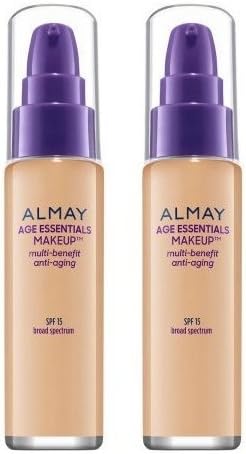 Almay Cosmetics Age Essentials Makeup Foundation 140 Light/Medium Warm SPF 15 (Pack of 2) With Octinoxate, Titanium Dioxide, Dimethicone, Boron Nitride, Pullulan, Tocopherol and Niacin, 1 fl. oz. each